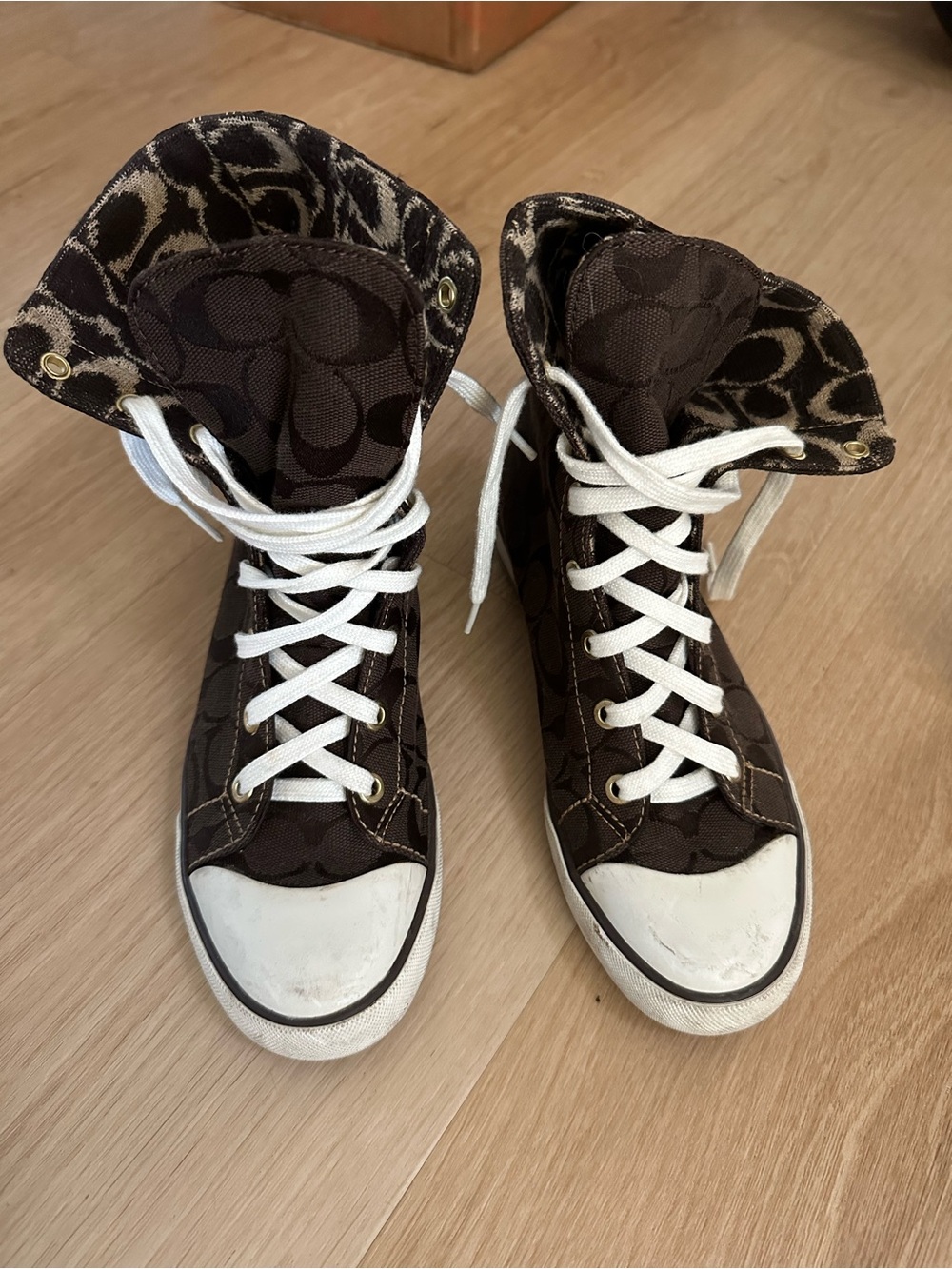 Coach Brown Signature High-Top Sneakers with White Laces